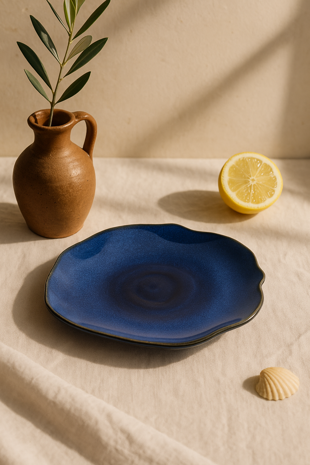 Irregular Shell-Shaped Japanese Ceramic Plate, Deep Blue - view 2