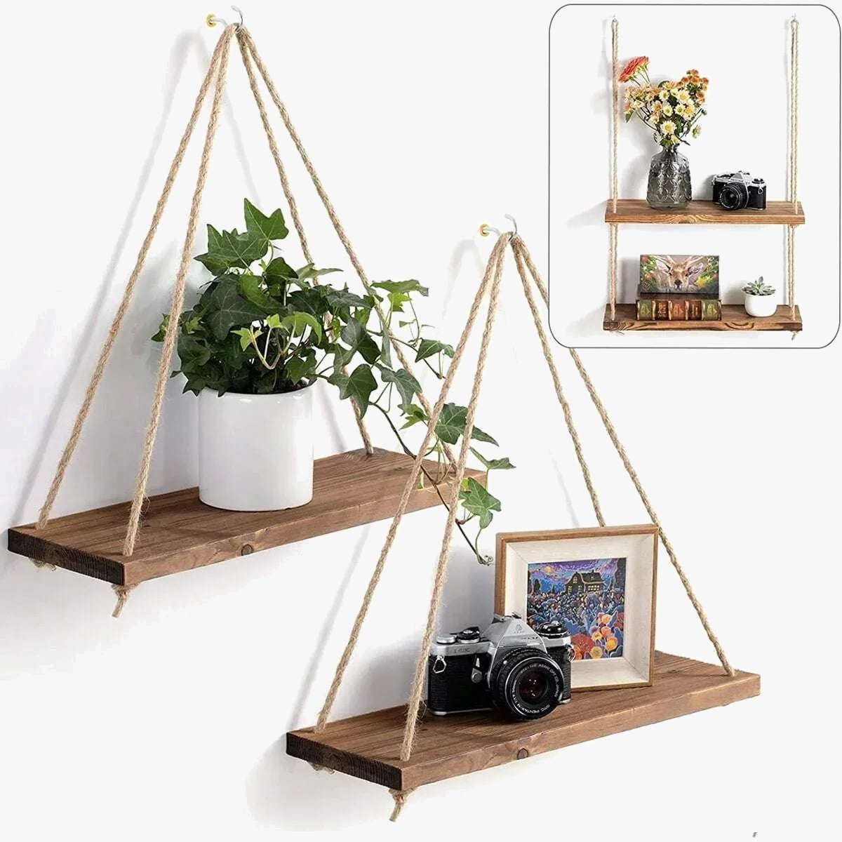Hanging wooden swing with hemp rope for plants and storage