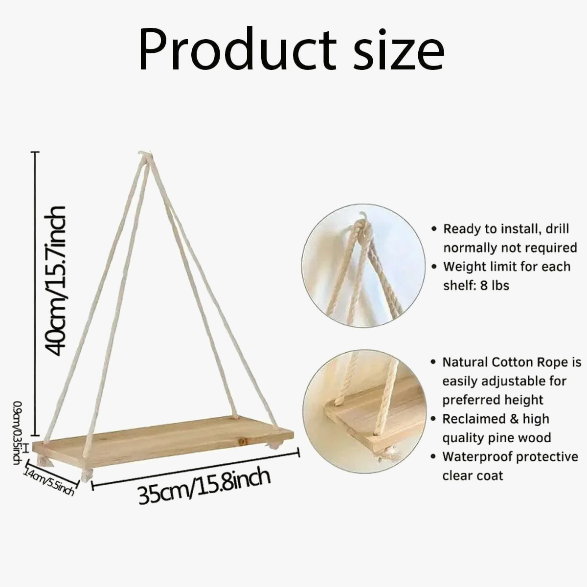 Hanging wooden swing with hemp rope for plants and storage - view 2