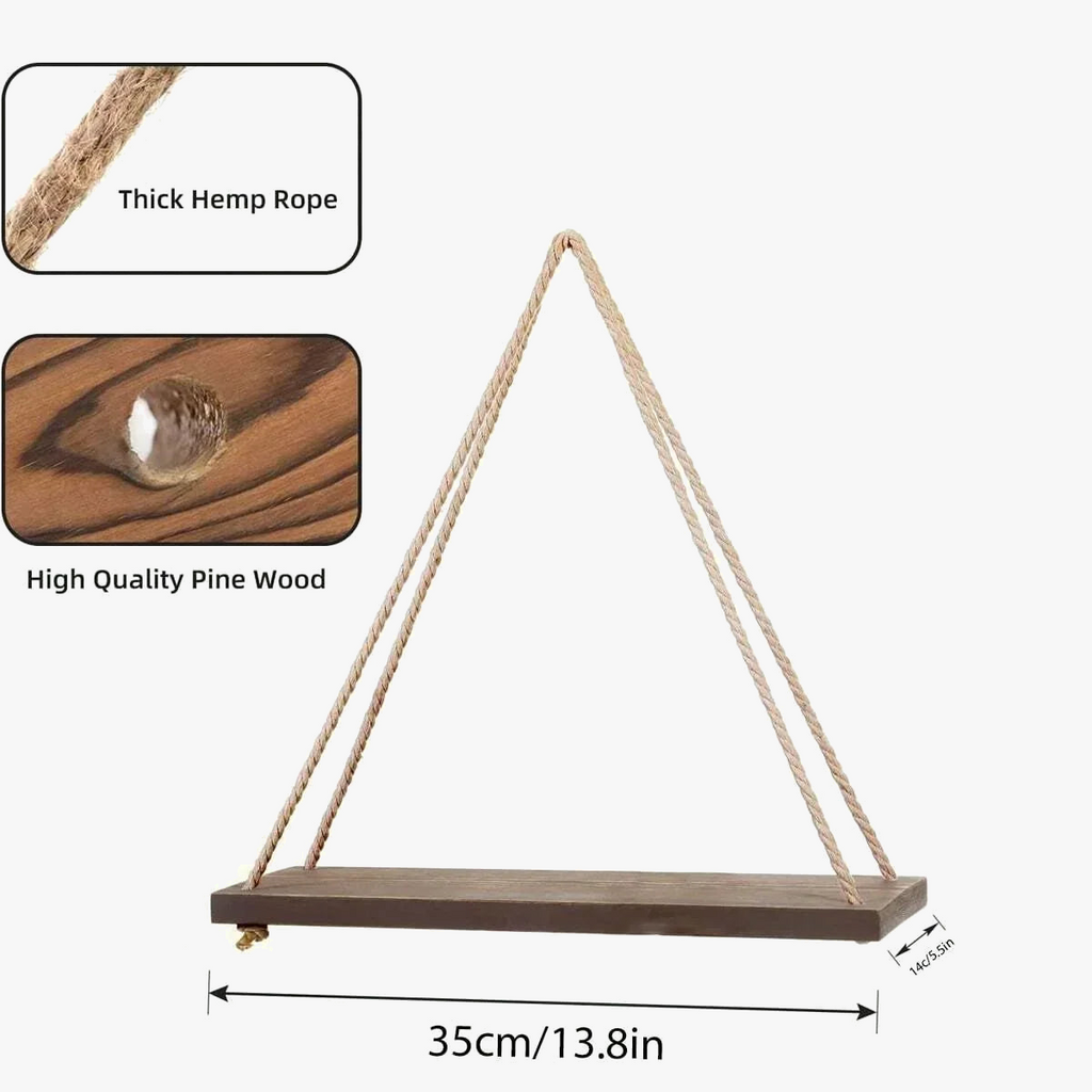 Hanging wooden swing with hemp rope for plants and storage - view 3