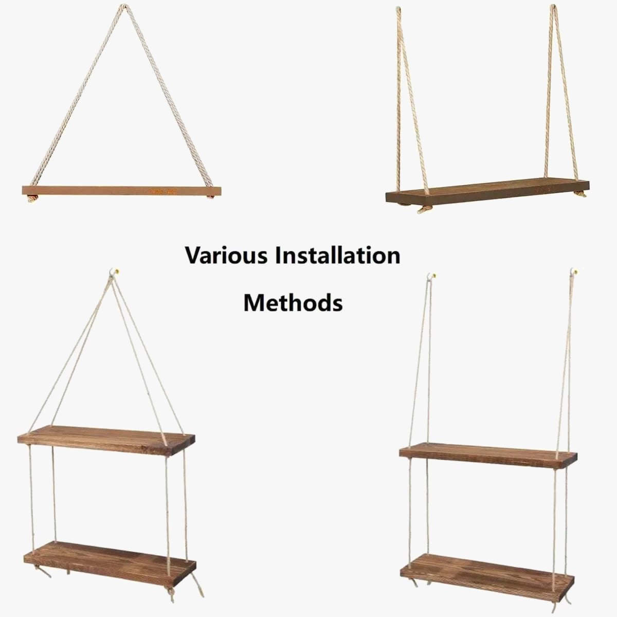 Hanging wooden swing with hemp rope for plants and storage - view 4