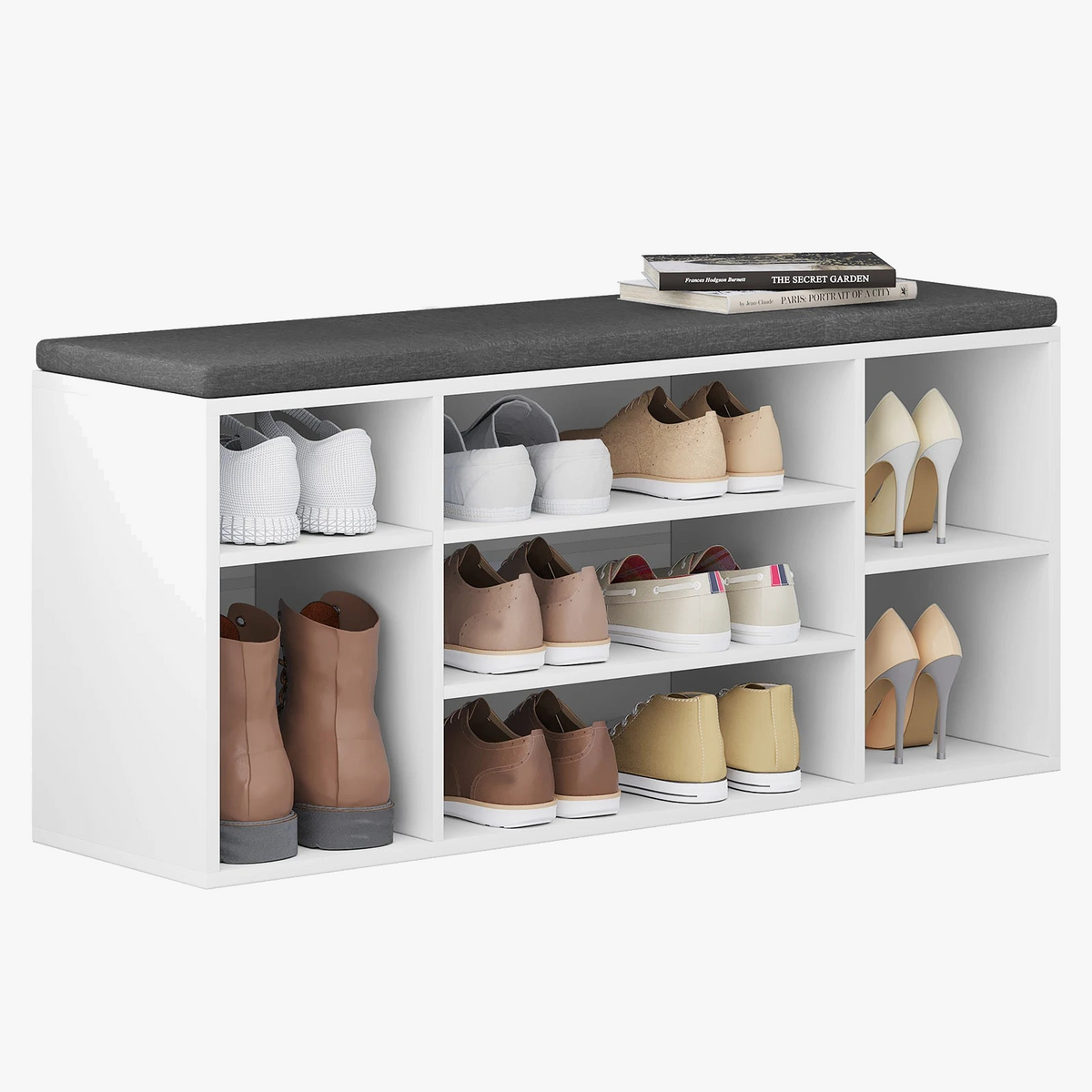 Shoe storage bench with cushion and practical compartments