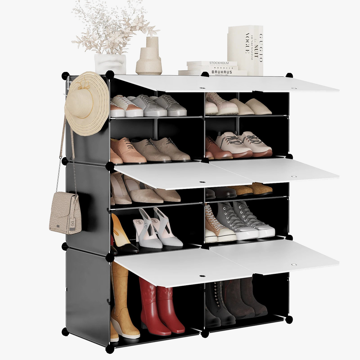 Shoe storage box with 6 plastic modular compartments