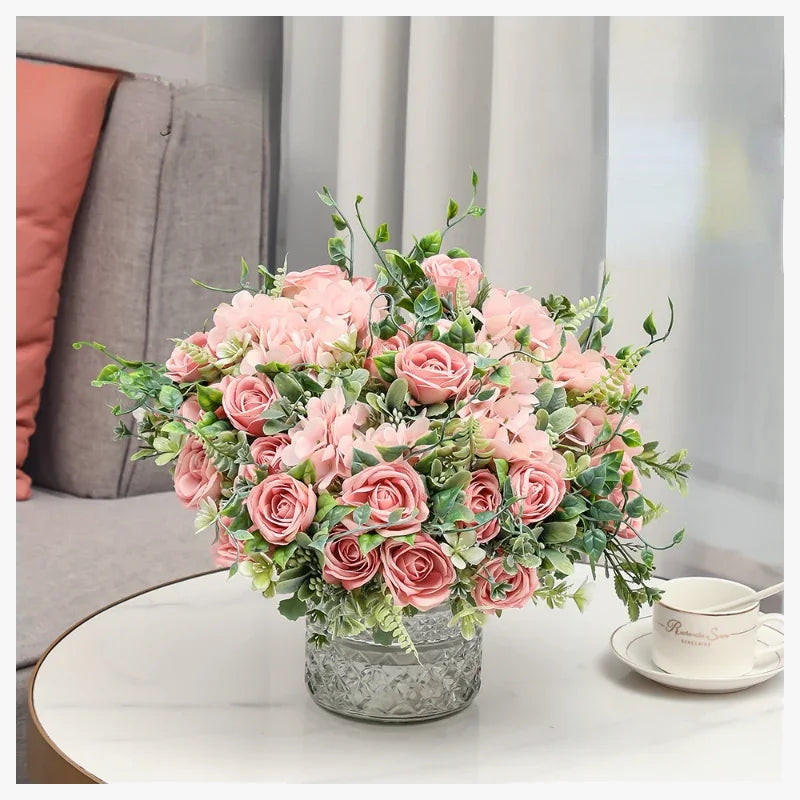 Bouquet of artificial pink flowers and decorative hortensias for Saint-valentin - view 2