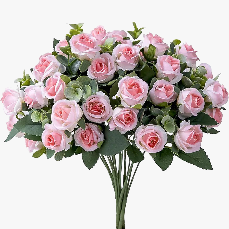 Bouquet of artificial rose wines with eucalyptus and decorative peony