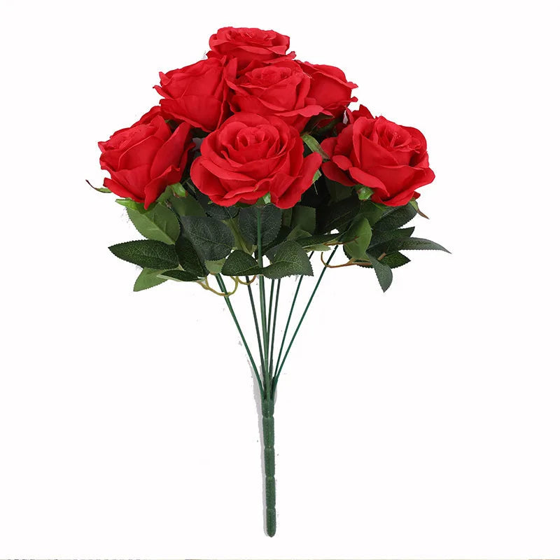 9-Head Artificial Silk Rose Bouquet, Rosé Champagne and Violet - view 6