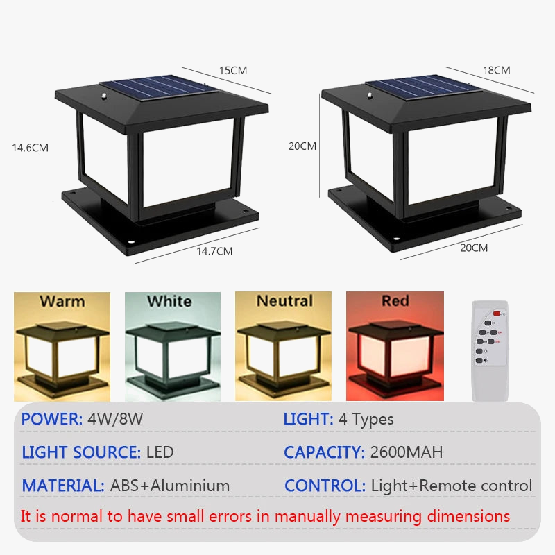 LED solar light column with remote control for outdoors