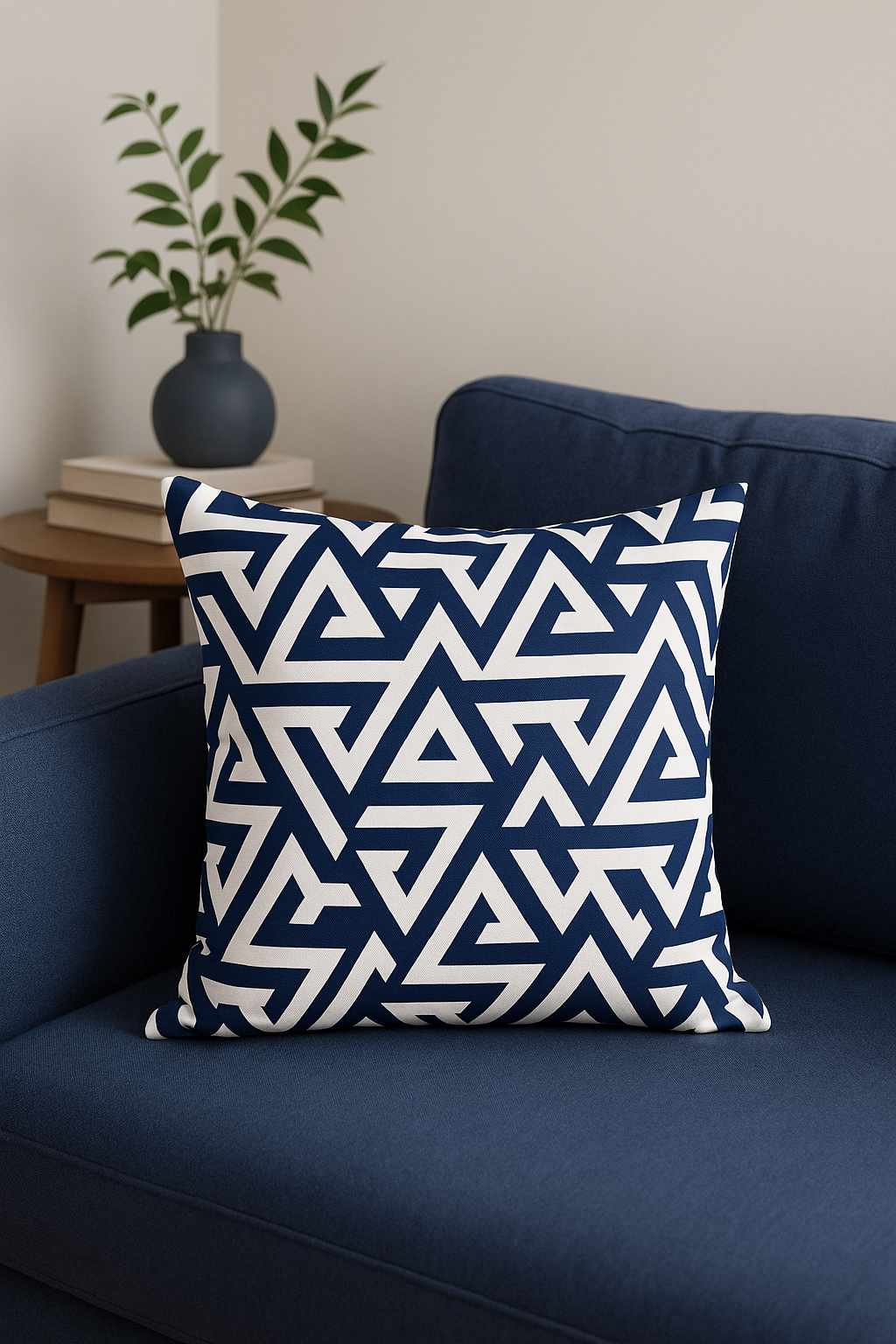 Geometric navy blue cushion for modern sofa - view 2