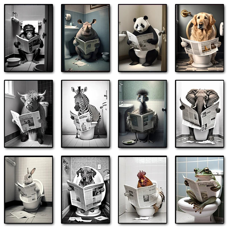 Humorous wall decoration animals on toilet reading the newspaper - view 2