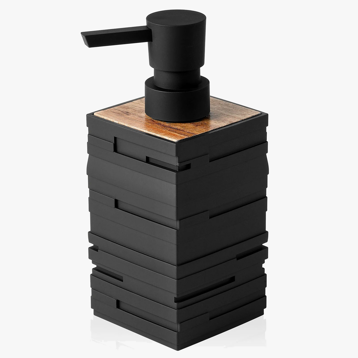 Matt black soap dispenser with high capacity teak wood decor