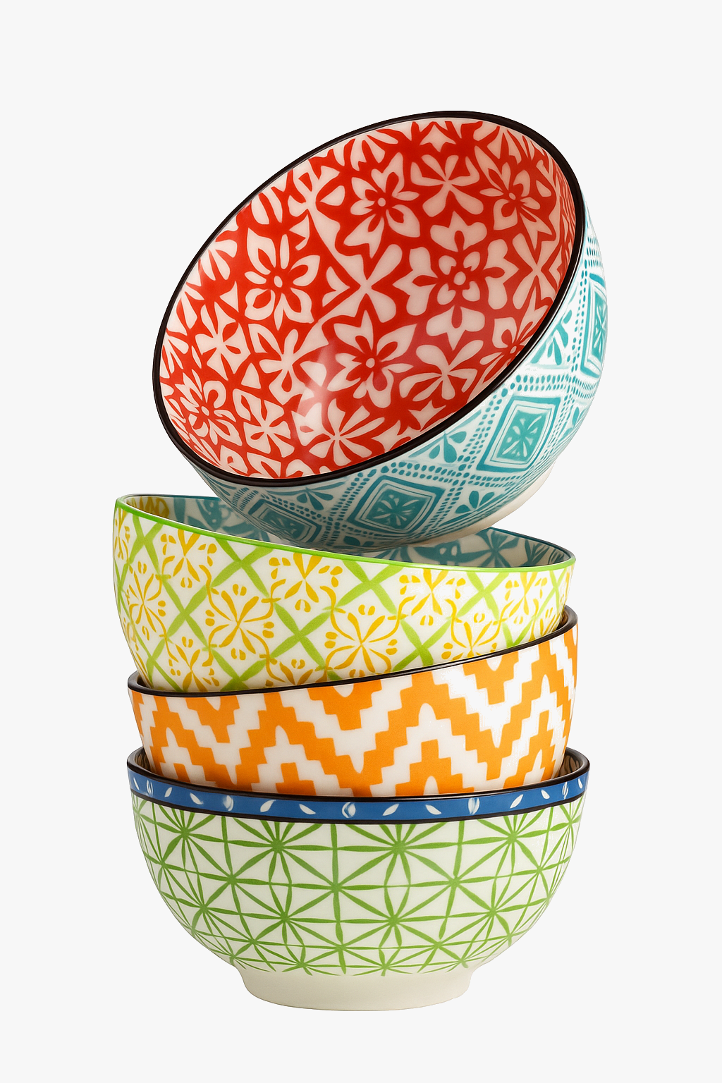 Set 4 ceramic bowls bohemian style artisanal motifs