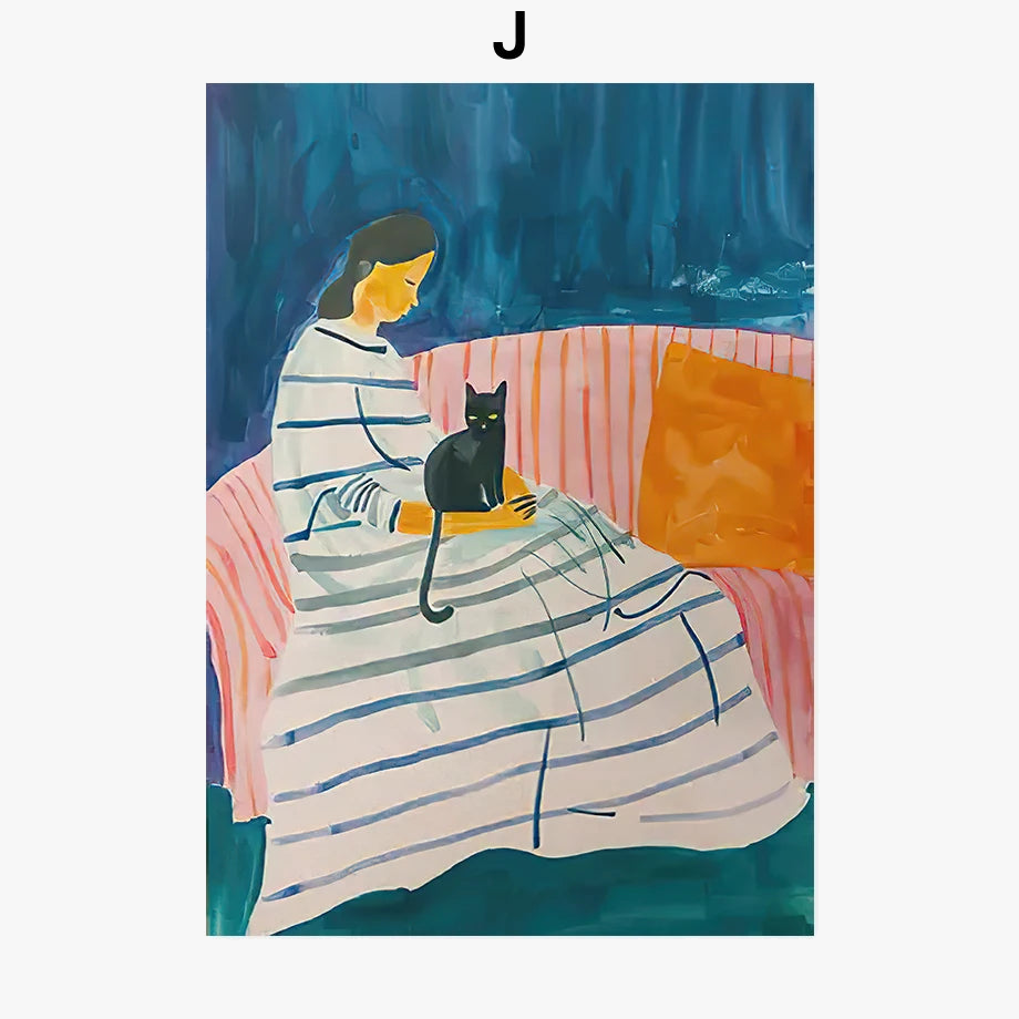 Woman cat abstract art wall for modern decoration