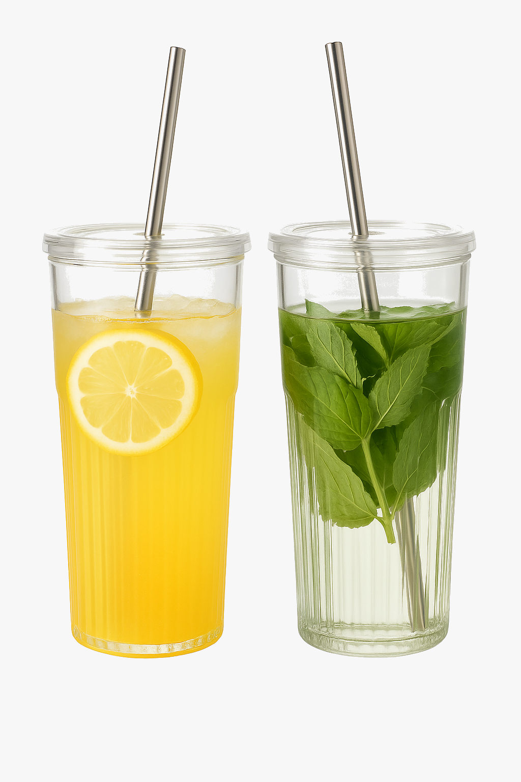 Glass striped cup 600 ml with straw lid