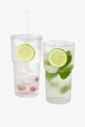 Nordic Large Striped Glass Cup with Lid and Straw