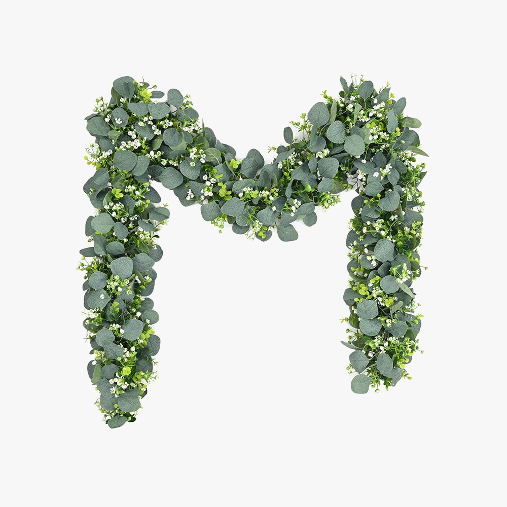 Artificial eucalyptus garland with white flowers and decorative berries