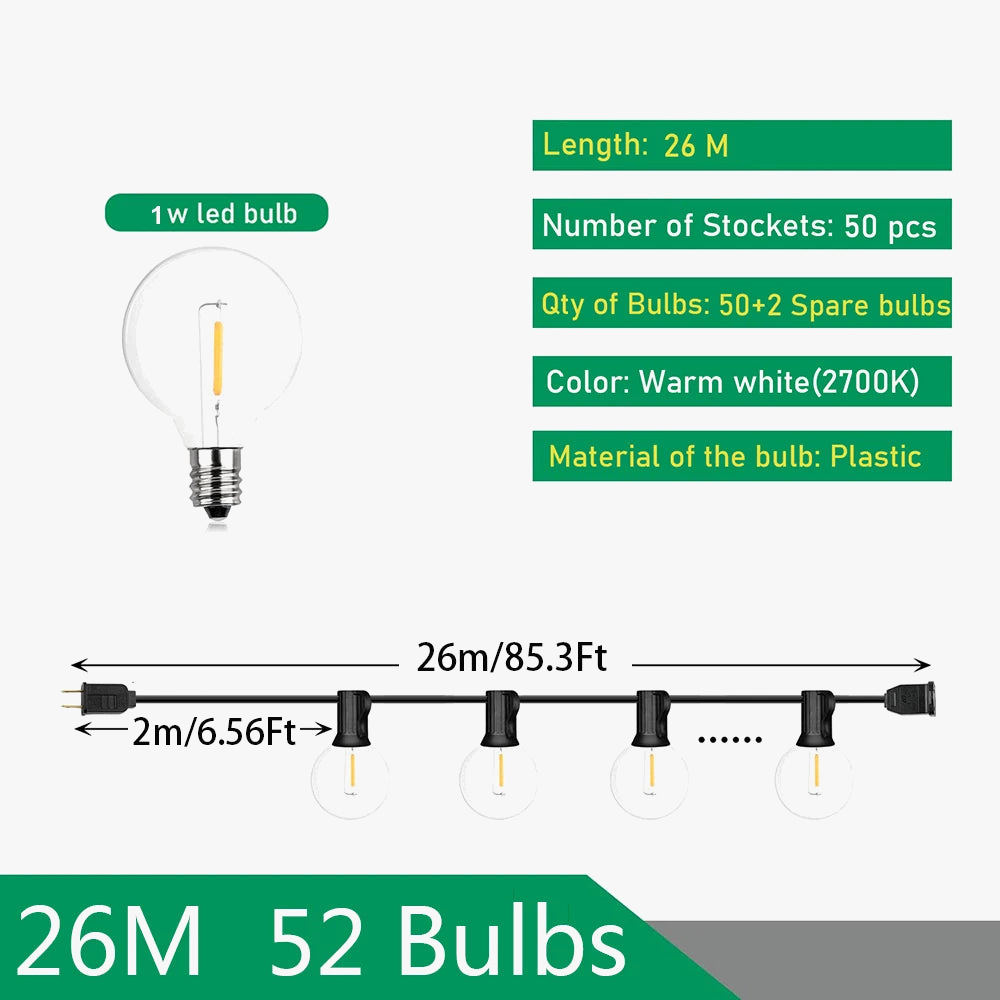 Outdoor LED String Lights in 9 to 26 Meter Lengths - 26m 52 ampoules