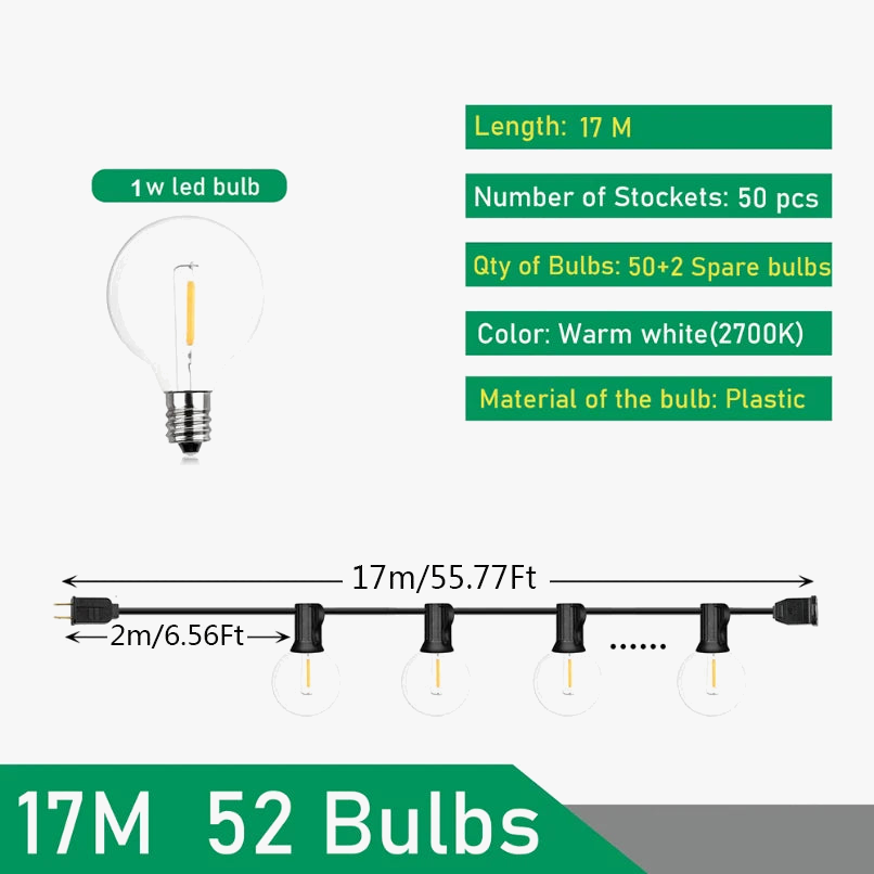 Outdoor LED String Lights in 9 to 26 Meter Lengths - 17m 52ampoules