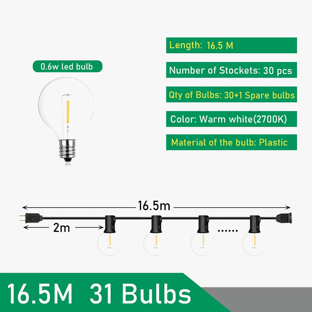 Outdoor LED String Lights in 9 to 26 Meter Lengths - 16,5 m 31 bulbes