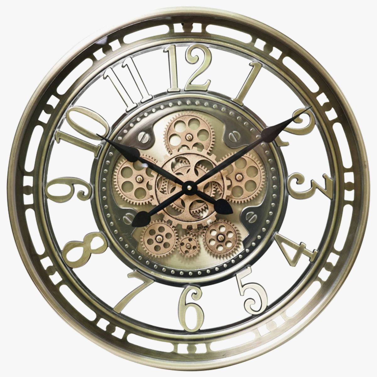 Ancient wall clock in decorative metal with gears