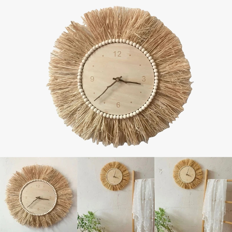 Handcrafted wall clock in woven straw with moving needles
