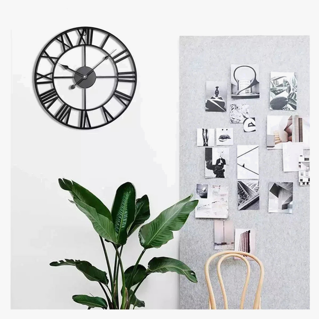 Retro wall clock in hollow metal style 3D with Roman numerals - view 3