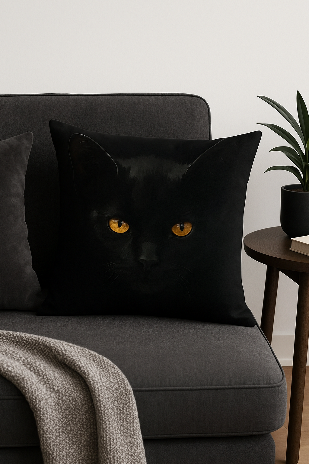 Contemporary Square Throw Pillow Cover with Black Cat Print - view 2