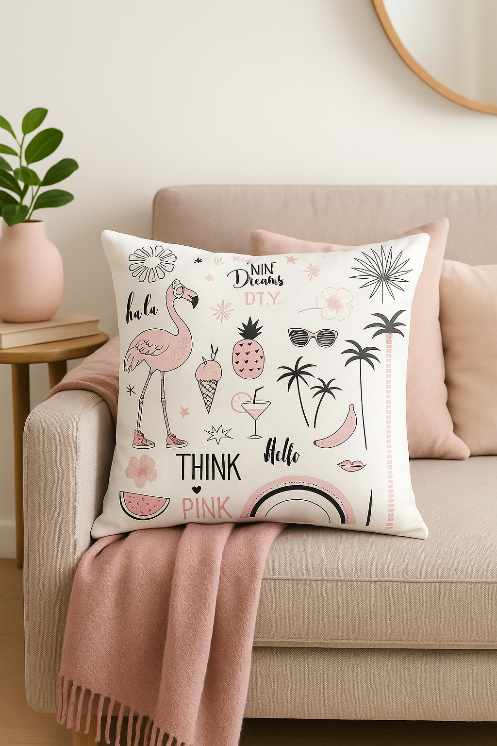Pink Flamingo Print Square Throw Pillow Cover, Design 3 - view 2