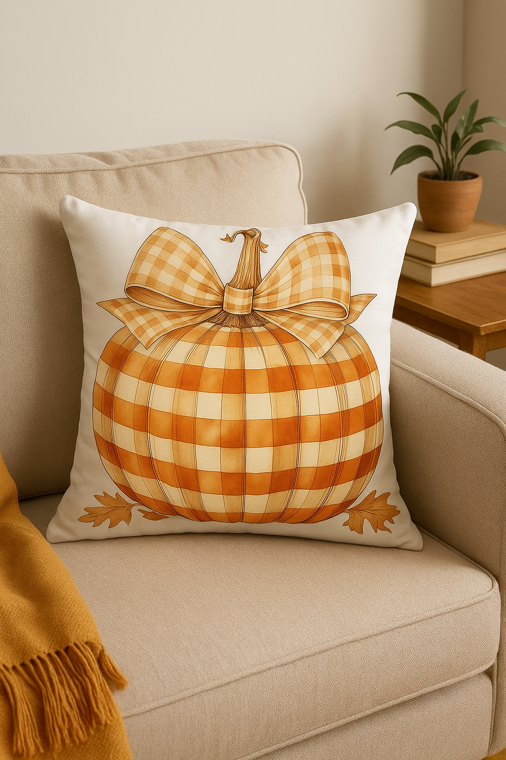 Pumpkin throw pillow cover and autumn leaves for sofa or bedroom - view 2