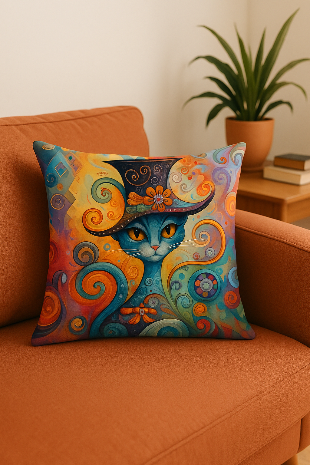 Colorful throw pillow cover with fantastic cat patterns - view 2