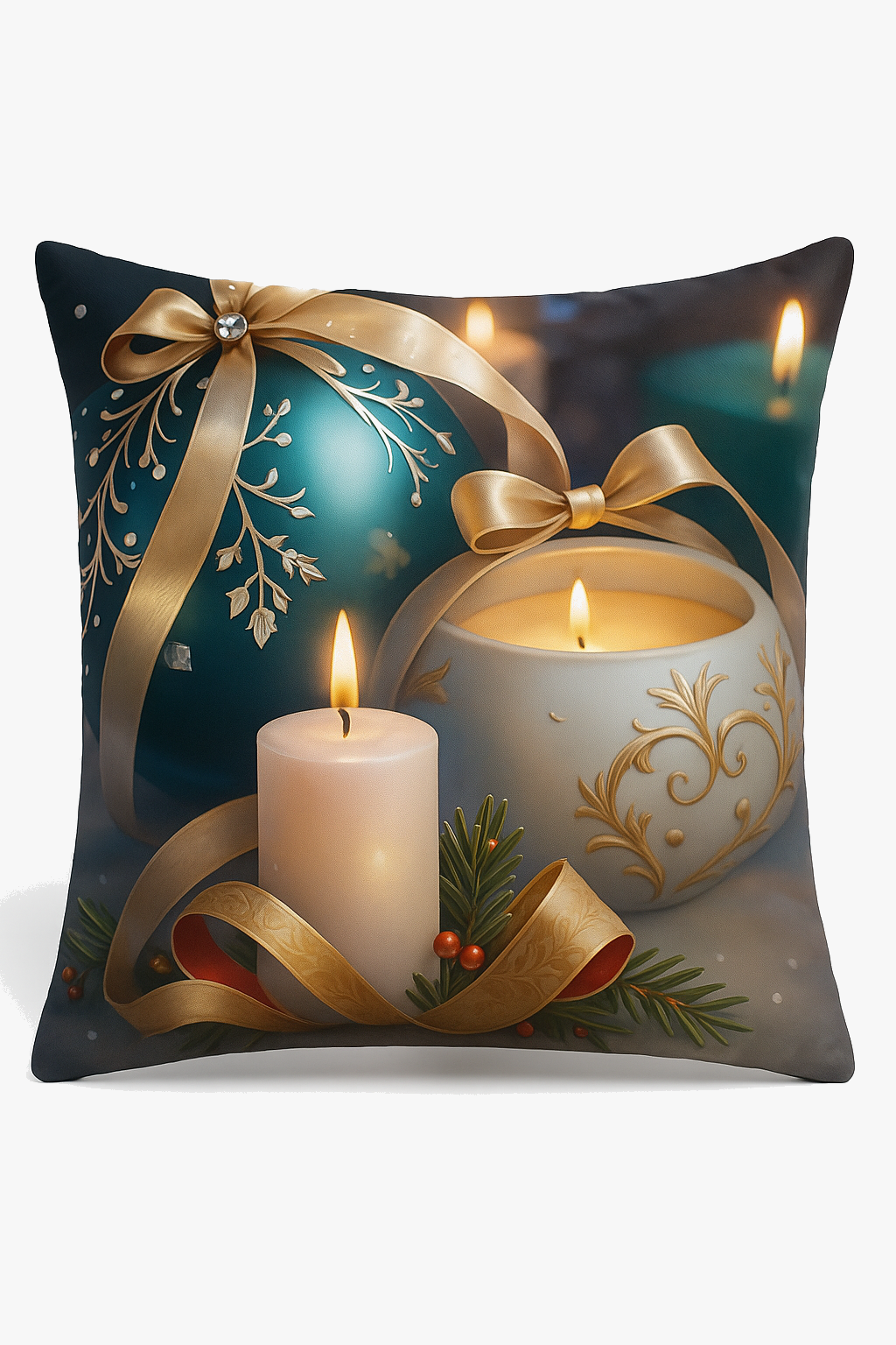 Decorative throw pillow cover with Christmas balls and gold knot