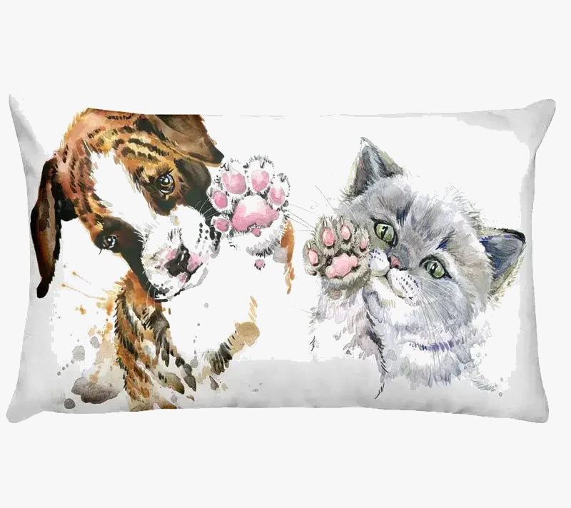 Decorative Throw Pillow Cover with Puppy and Cat Print