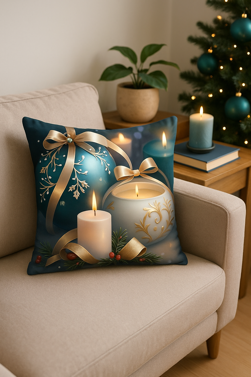 Decorative throw pillow cover with Christmas balls and gold knot - view 2