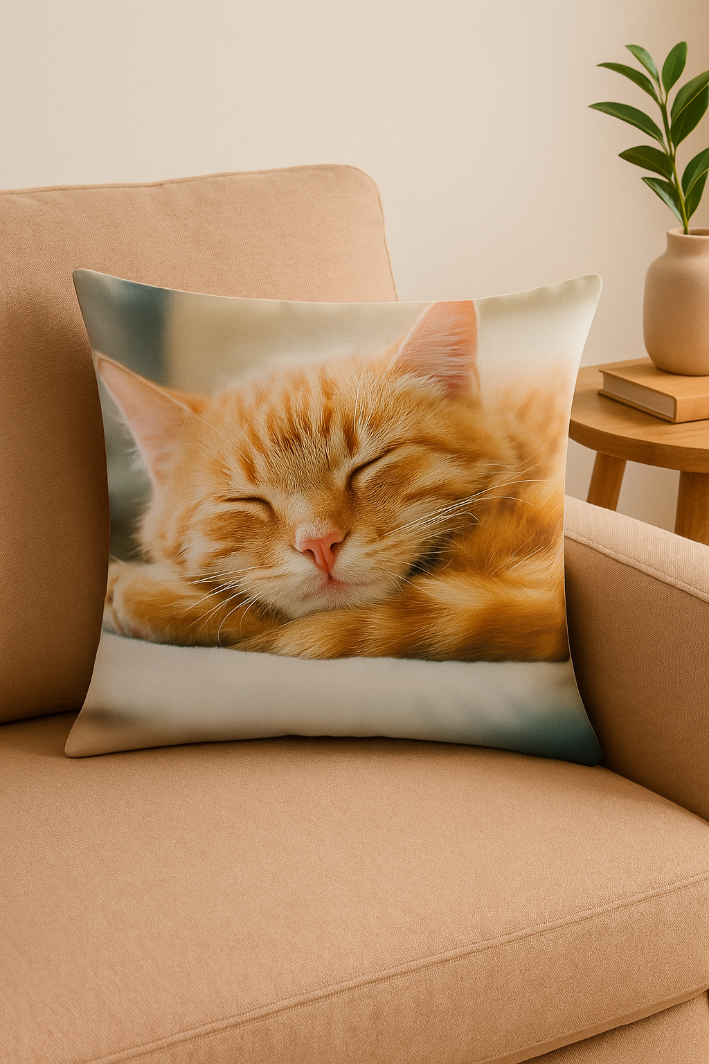Throw Pillow Cover with Cute Cat Motif, Warm and Bold Accent - view 2