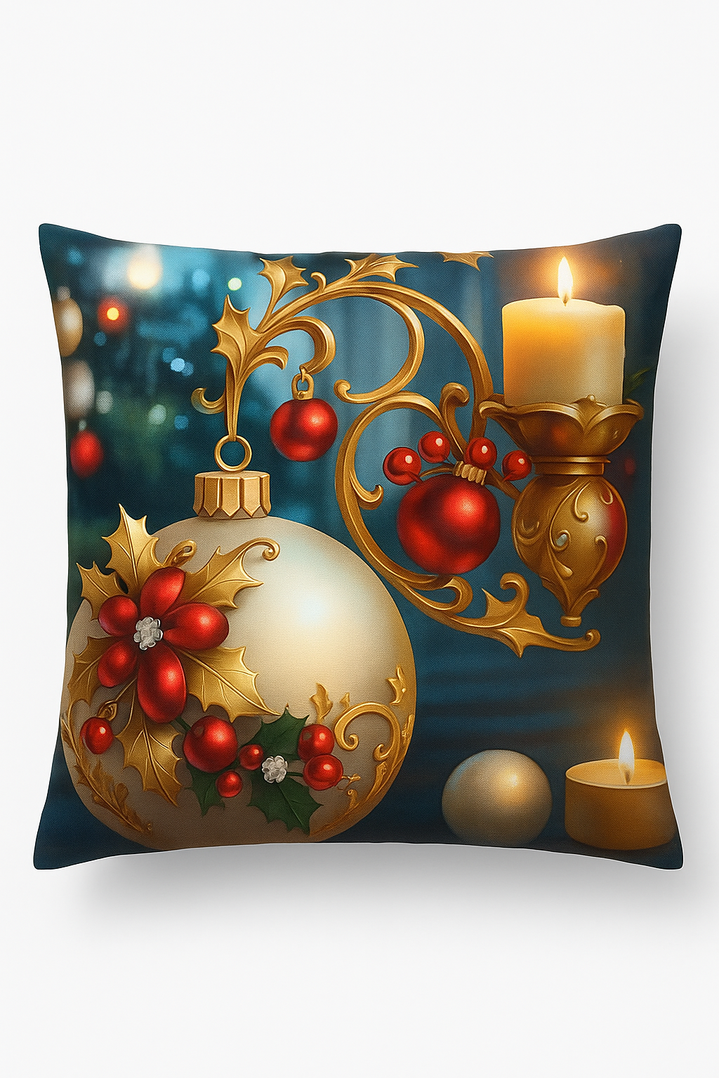 Decorative throw pillow cover golden Christmas balls and candles