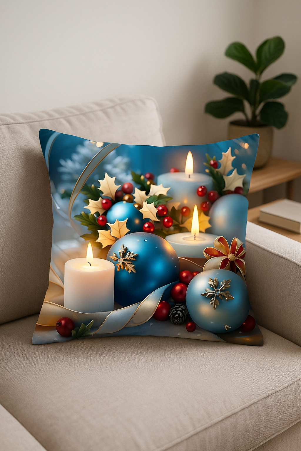 Christmas Ornaments Candles and Gold Ribbon Throw Pillow Cover - view 2