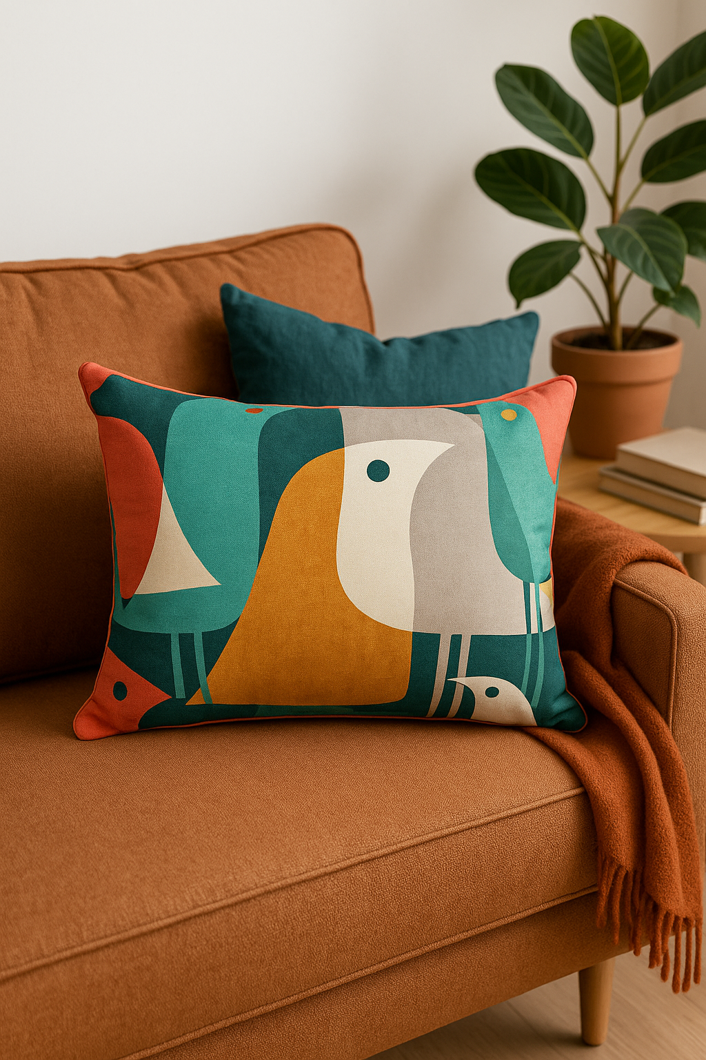 Minimalist Rainbow Geometric Throw Pillow Cover with Plant Motifs - view 2