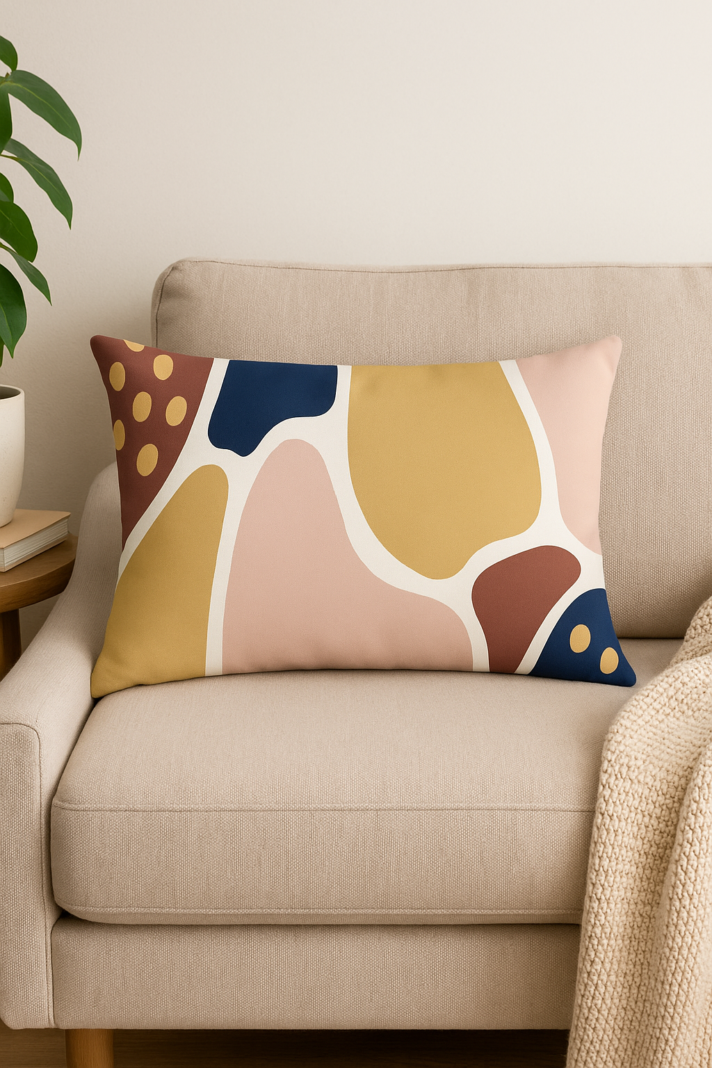 Curved-Motif Rainbow Geometric Throw Pillow Cover with Vegetal Print - view 2