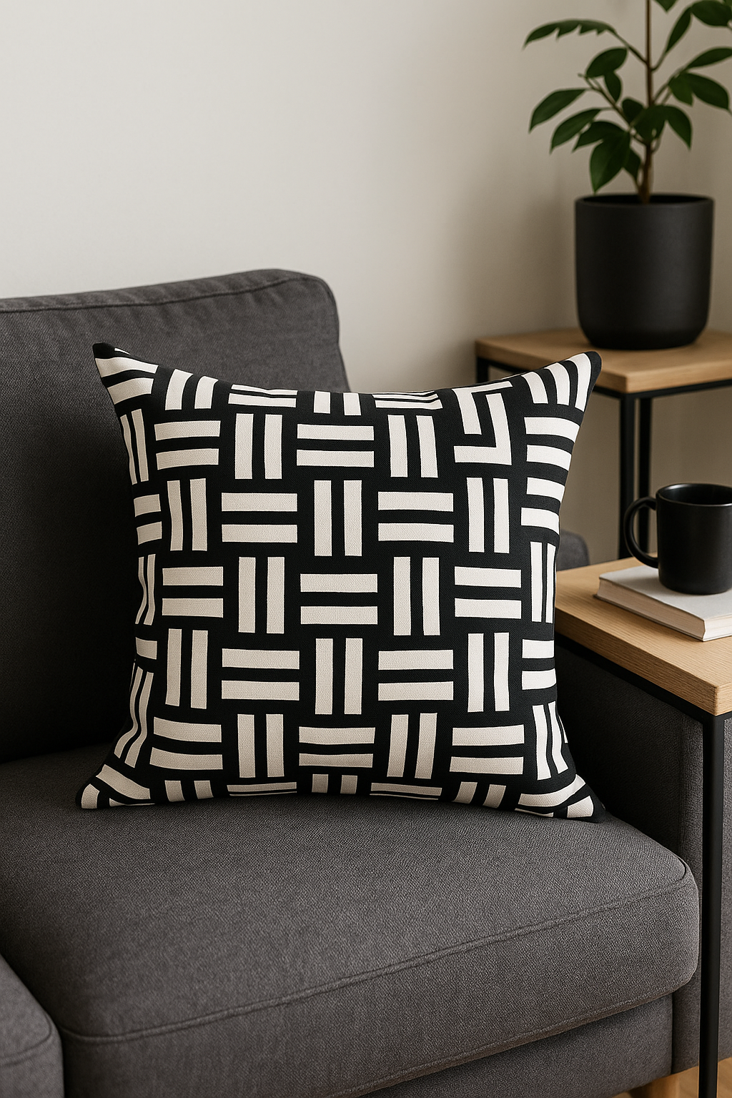 Black and white decorative geometric throw pillow cover with wavy lines - view 2