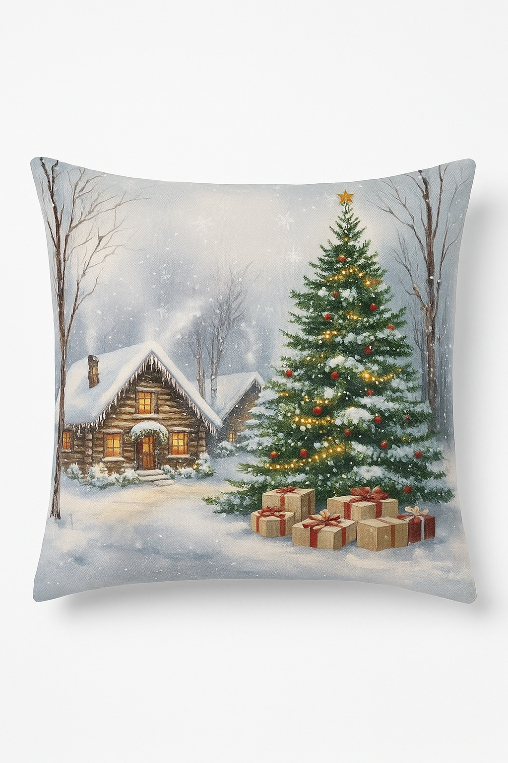 Santa Claus and Snowy Chalet Throw Pillow Cover for Seats and Beds