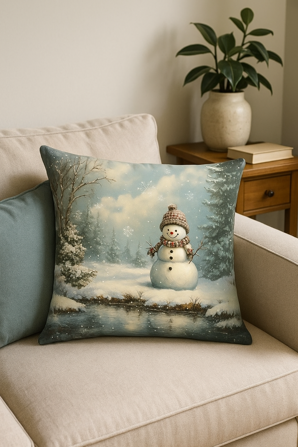 Throw pillow cover Santa Claus pattern and winter chalet - view 2