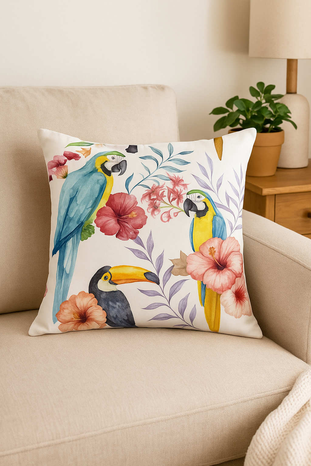 Tropical Parrot Print Throw Pillow Cover for Sofa, Design 2 - view 2
