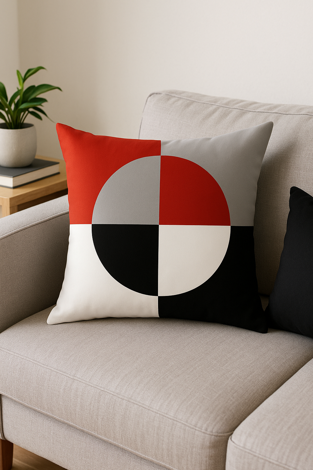 Black throw pillow cover and red decorative geometric pattern - view 2
