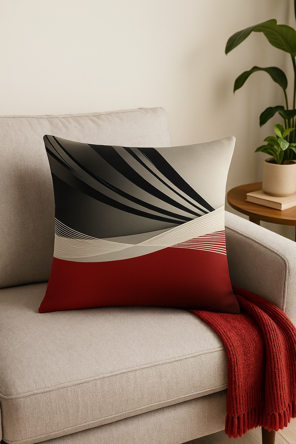 Black and Red Geometric Throw Pillow Cover with Elegant Signature - view 2