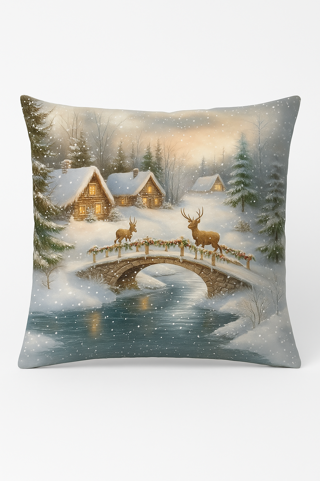 Santa Claus throw pillow cover and chalet in winter