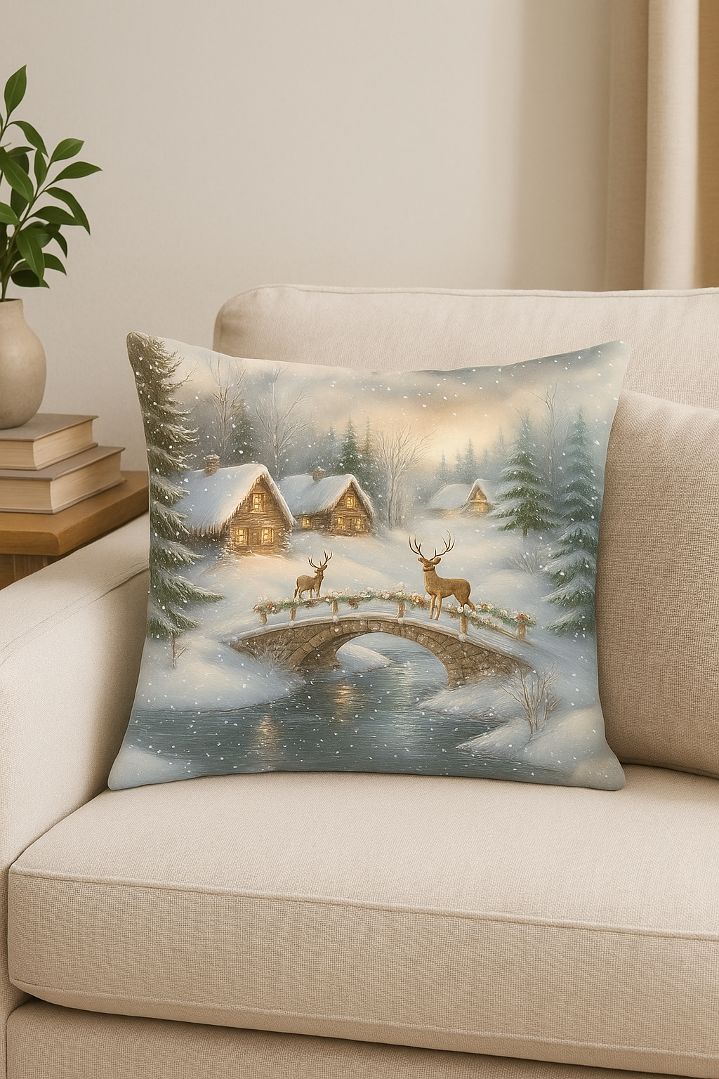 Santa Claus throw pillow cover and chalet in winter - view 2