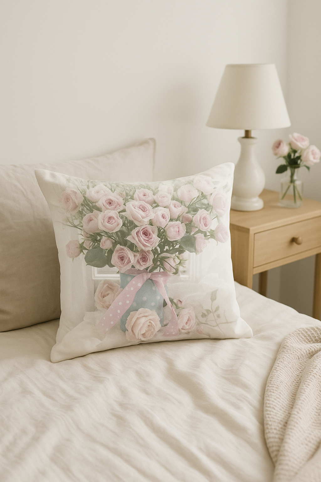 Bright Pink Nordic Throw Pillow Cover with Delicate Floral Print - view 2