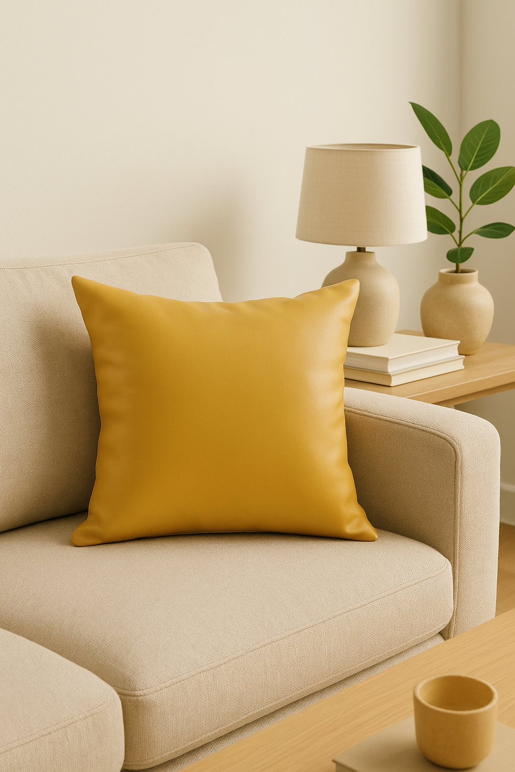 Solid Leather-Look Throw Pillow Cover, Old Gold - view 2