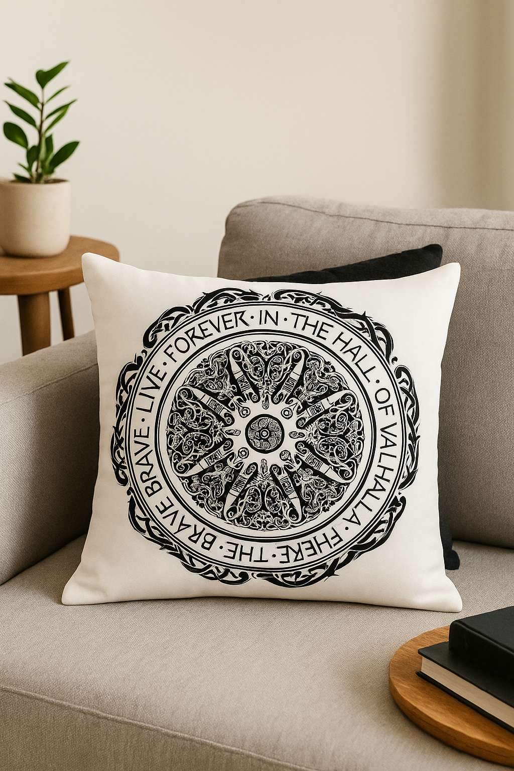 Nordic-Inspired Viking Amulet Throw Pillow Cover in Black and White - view 2