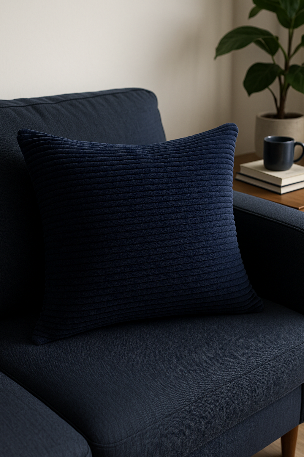 Striped Ribbed Velvet Throw Pillow Cover in Dark Blue - view 2