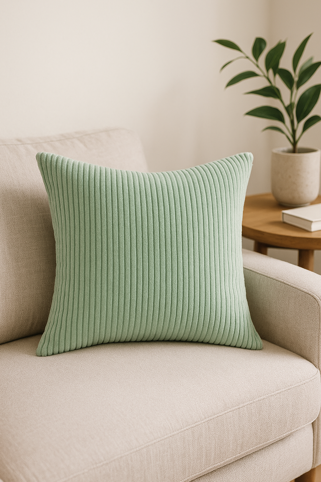 Striped Ribbed Velvet Throw Pillow Cover in Grayish Green - view 2